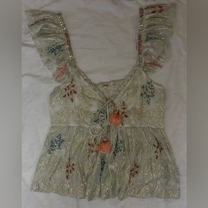 Free People Champagne Gold Shimmer Pink Tassel Blouse. Sequined and Beaded.